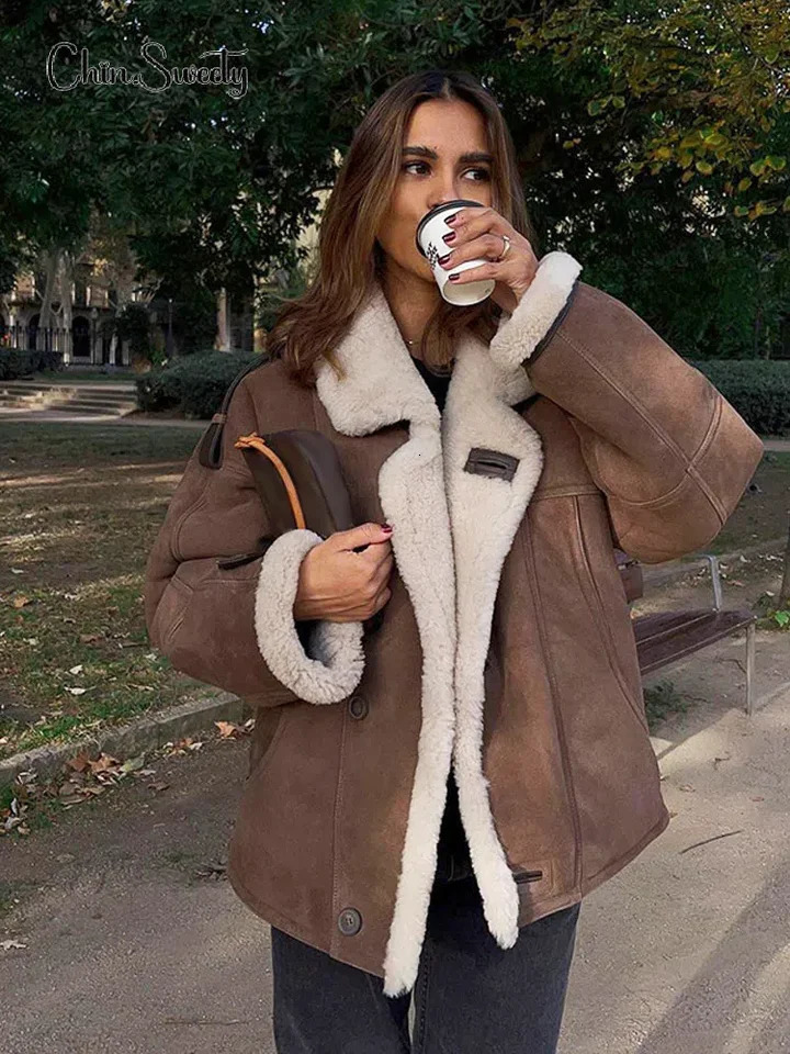 Womens cashmere single chest suede jacket elegant long sleeved lapel thick crop jacket fashionable womens business jacket 241025