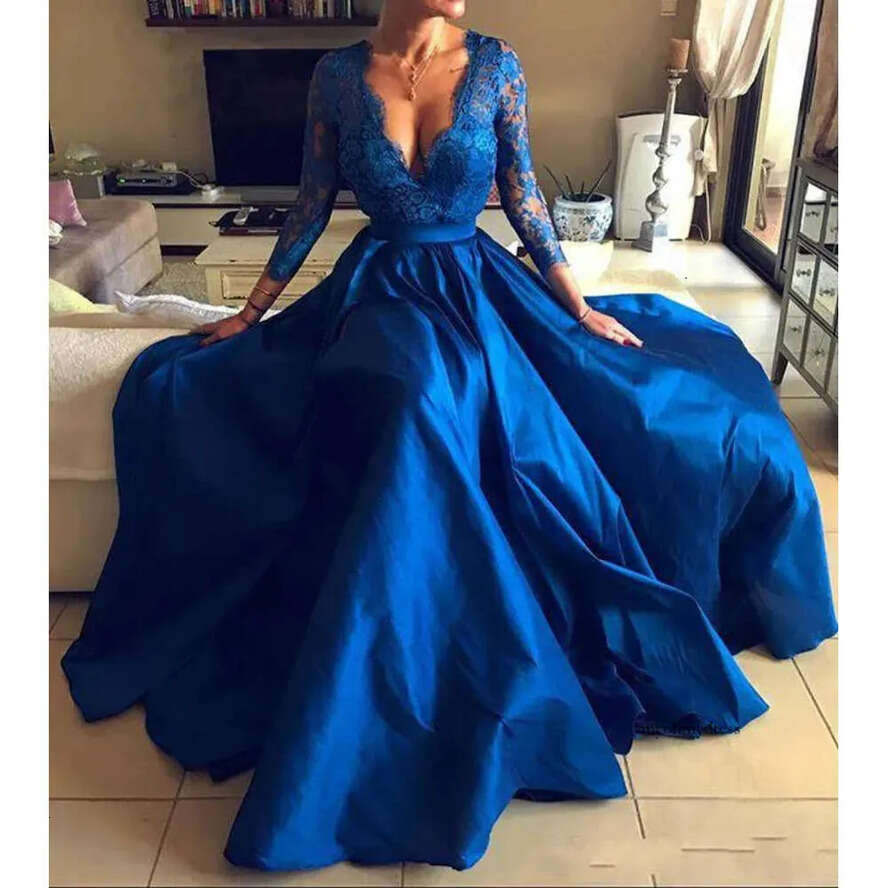 Royal Elegant Blue Lace Sleeve Split Formal Ocn Dresses Long Prom Party Gowns Women Evening Wear