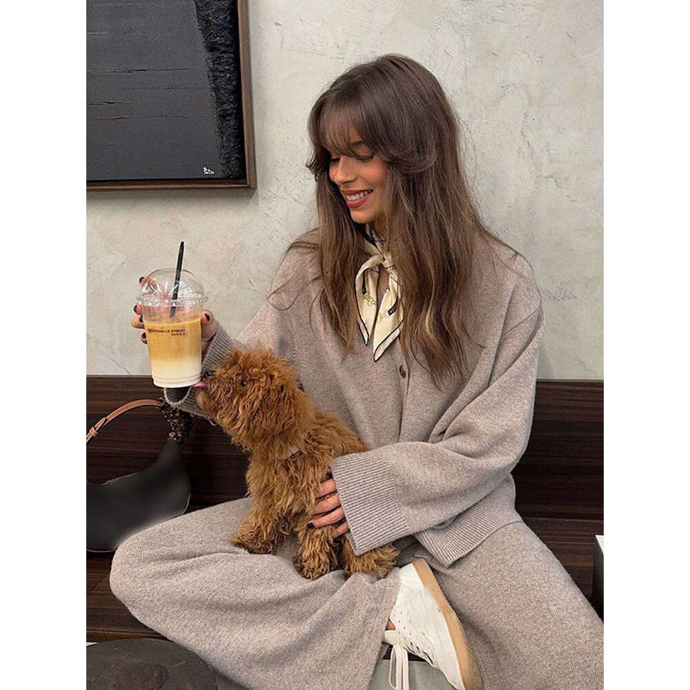 2024 New Chic V-Neck Buttons Cardigan Sets With Pockets Women's Solid Knitted Wide Long Pants Suit Lady Daily Streetwear Autumn
