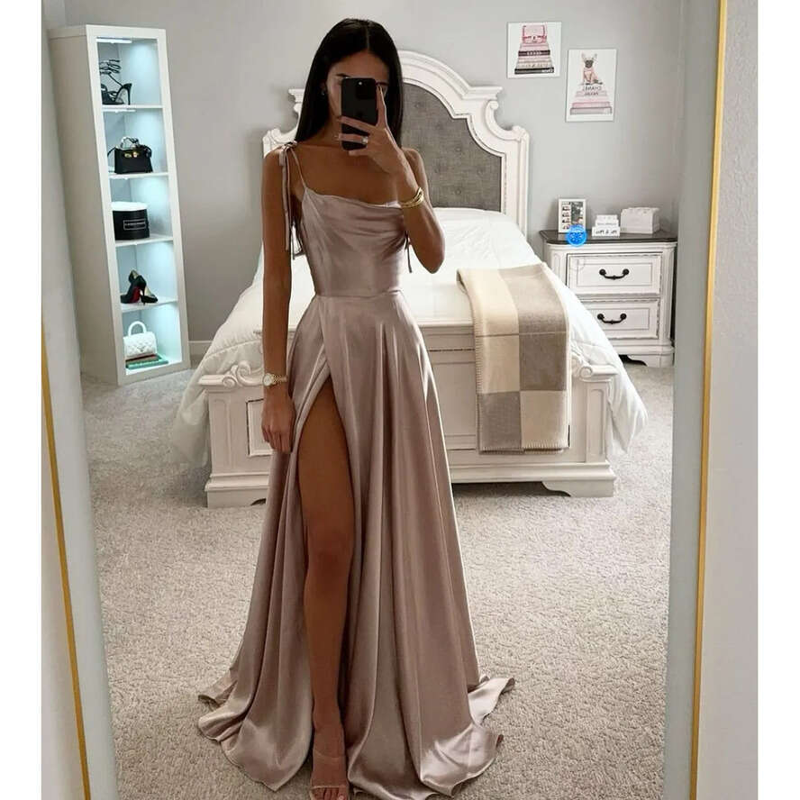 Rosy Gold Prom Straps Satin Evening Elegant Pleats Split Formal Long Special Ocn Party Dress Robe De Soiree 0515