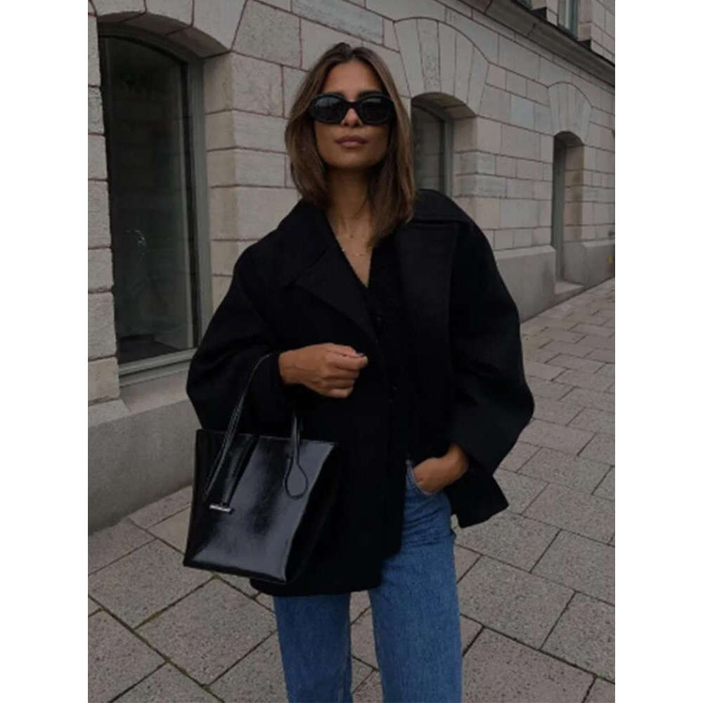 Single-Breasted Lapel Women Coat Woolen Long Sleeve Pockets Jacket Female 2024 Autumn Winter Elegant Casual Lady Tops