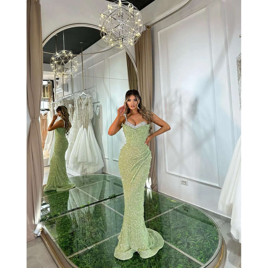 Light Green Sequins Mermaid Evening Dresses Spaghetti Beads Collar Party Prom Pleats Formal Long Red Carpet Dress For Special Ocn 0515