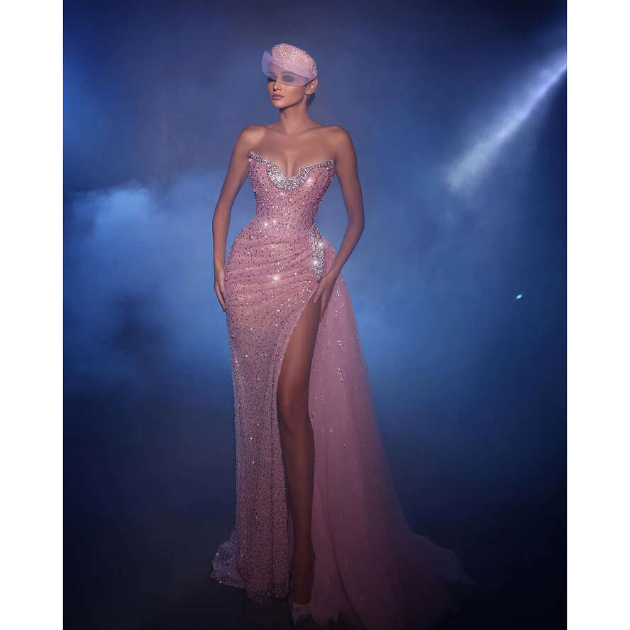Pink Mermaid Elegant Beaded Neck Pleats Prom Dress Split Sequins Long Dresses For Special Ocns Evening Gowns 0515