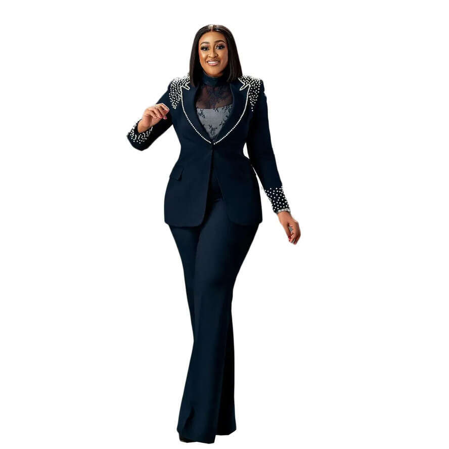 Plus Size Beads Women Pant Suit Slim Fit Pearls Blazer Top Sets Ladies Party Fashion 2 Pieces Custom Made Outfits Bc19514