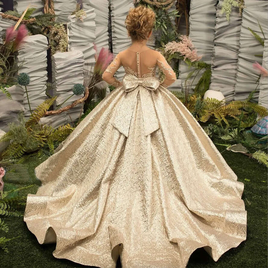 Gold Wer Girl Dress Princess Illusion Sleeve With Bow Buttons Luscious Skirt Birthday Wedding Party Kids Bridesmaid 0509