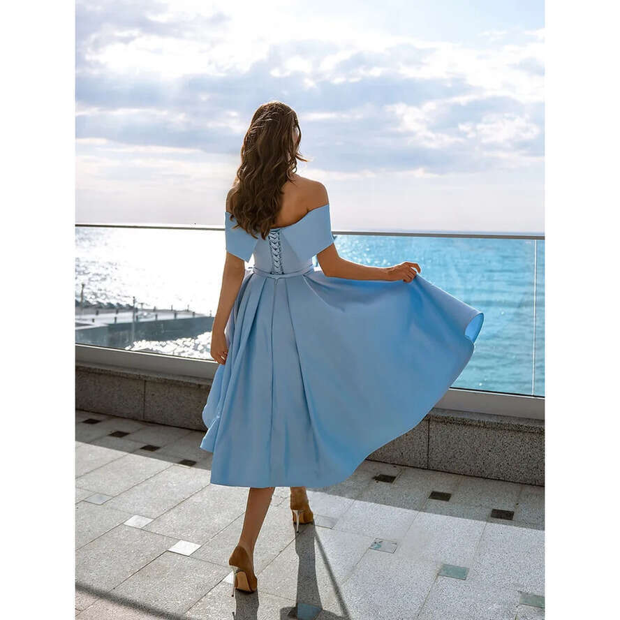 2024 A-E Prom Off-The-Shoulder Short Sleeve Lace-Up Tea-Length Pick-Ups New Arrivals Celebrity Evening Dresses Plus Size Custom Made B5003 0508