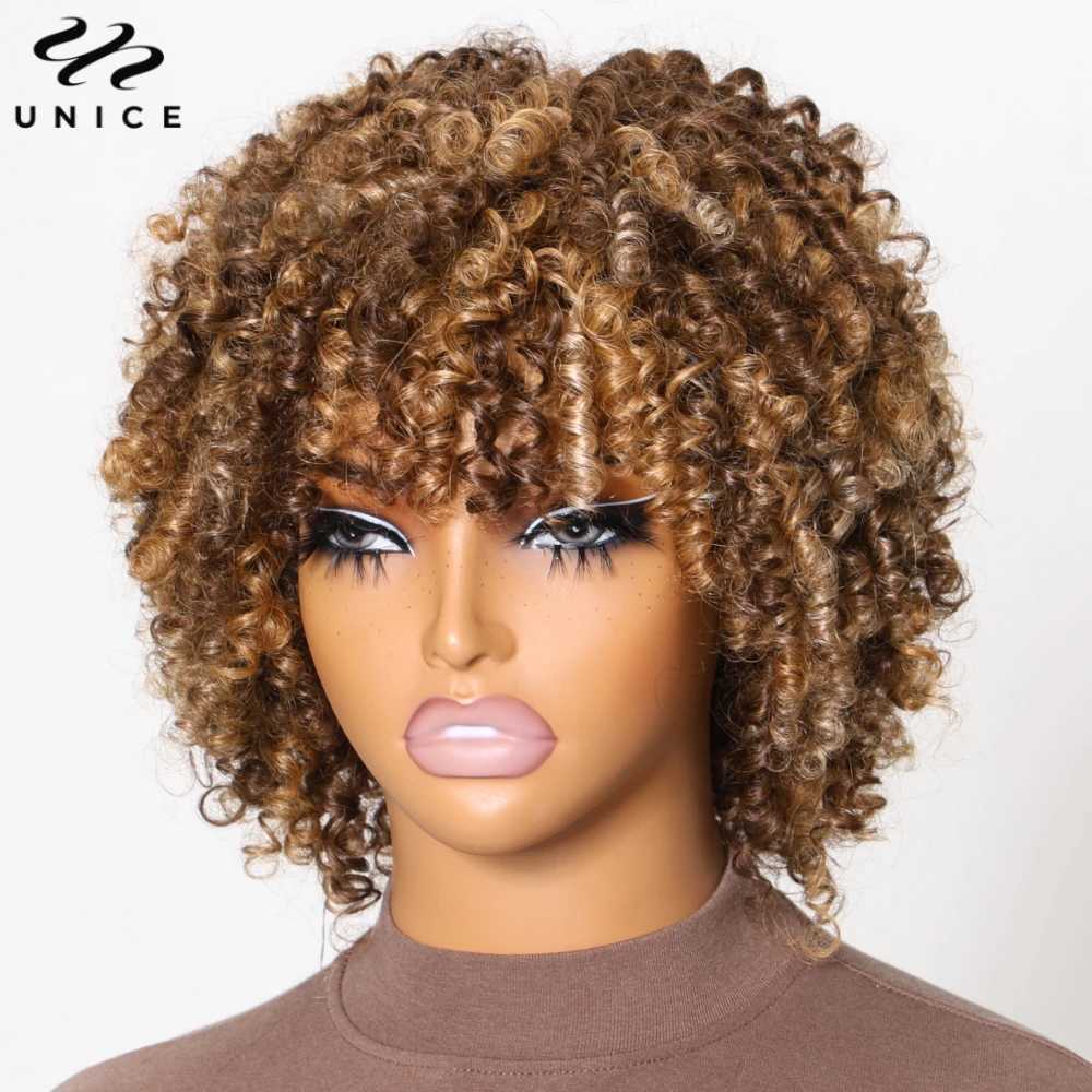 Unice Hair Blonde Highlight quirky curly wig with bangs 100% synthetic short bob wig all male African wig density 150% M241028