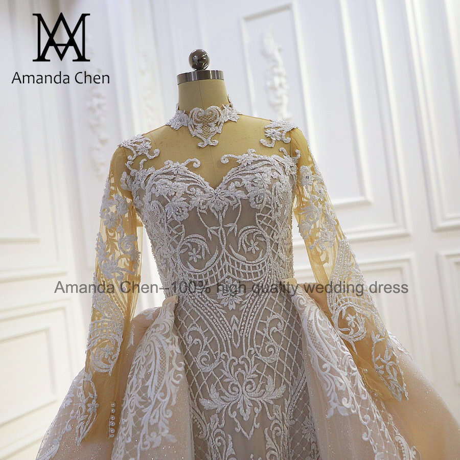 robe de mariee 2024 Long Sleeve Lace Appliqued Champagne Detachable Skirt Wedding Dress