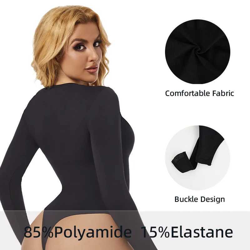 Long Sleeve Bodysuits Shapewear for Women Seamless Waist O Neck BodySuit Stretch Basic T Shirt Tops Thong Shaper CorsetsXJ241028