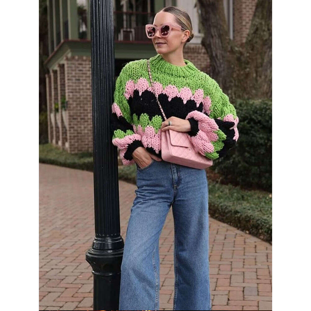 Chic Contrasting Knitted Sweaters Women Fashion O Neck Long Lantern Sleeves Loose Jumpers Autumn Warm Lady Commuting Pullovers