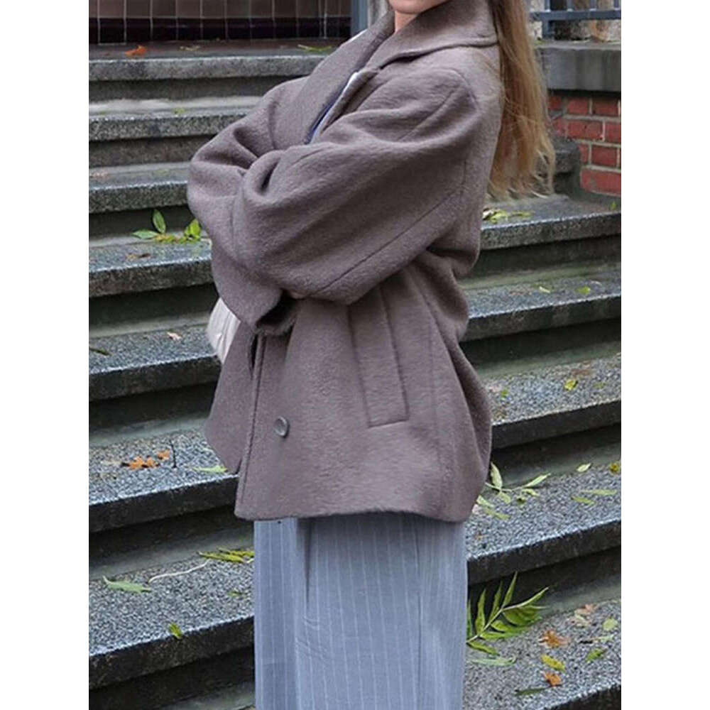 Woolen Solid Women Short Coat Thick Lapel Double Breasted Female Jacket 2024 Autumn Long Sleeve Pocket Lady Blazer Jackets