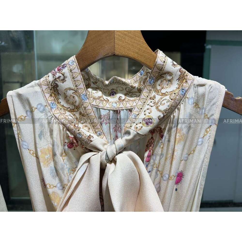 Women Ribbon Bow Collar Heavy Beaded Retro Wer Print Sleeveless Waistband Long Silk Dress