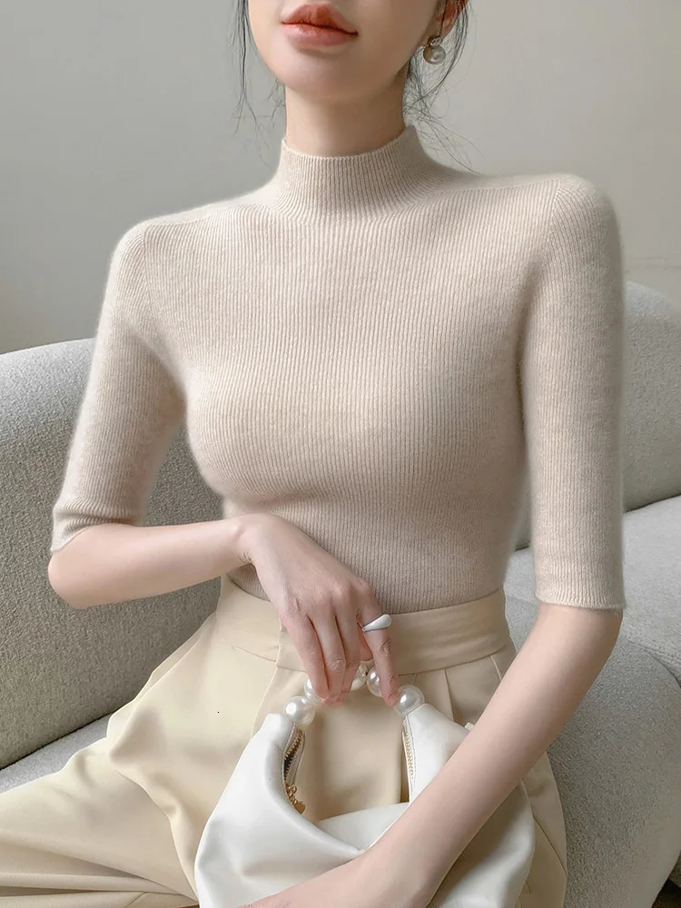 Womens Ultra Thin Plain Collar Half Sleeve Pullover Sweater Solid Color Basic Soft 100% Merino Wool Knitted Spring Summer Top 241028