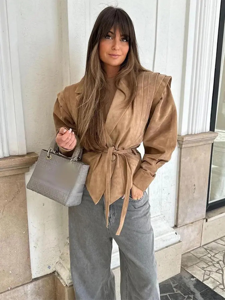 Fashion Women Suede Short Leather Jacket With Belt Pleated Shoulder Long Sleeve Lapel Button Cropped Coat Lady Street Outerwear