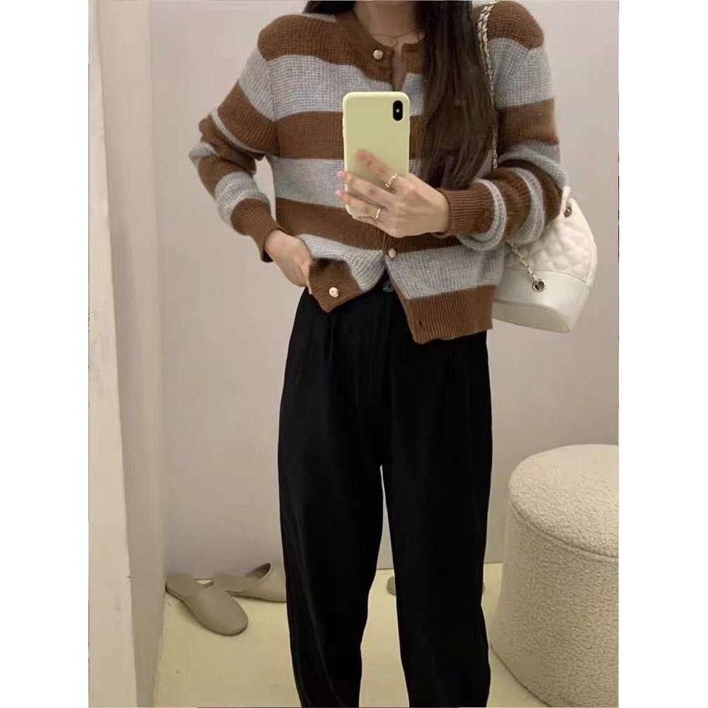 Classic Striped Shirt ~100 Pure Woolen Sweater Autumn Crewneck Cardigan Blouse Korean Cashmere Coat Slimming Knit