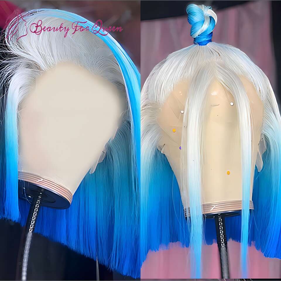 Blue Short Bob Wig Lace Front Human Hair Wigs Straight Colored Transparent For Women