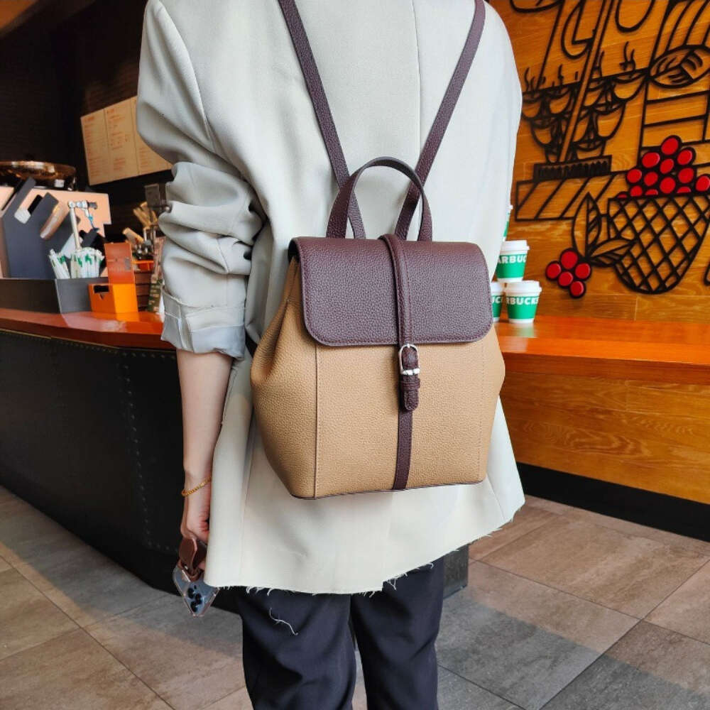Vintage British Style Full Grain Cow Leather Women's Backpack Hit-Color Large School Bags For College Girls Commuter Bagpack