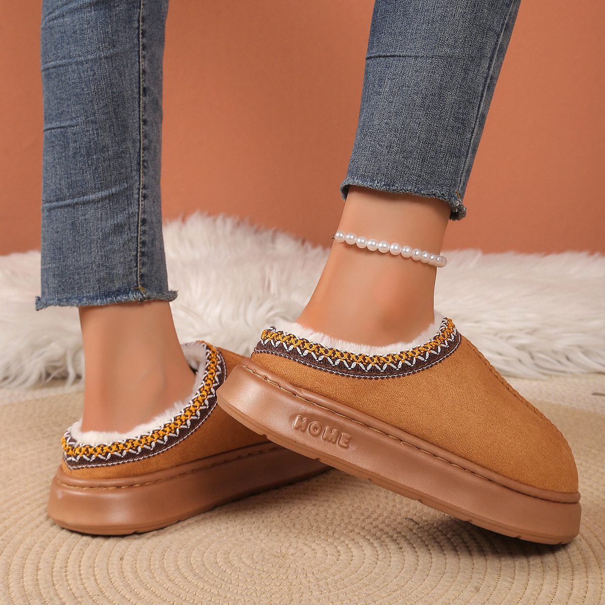 2025 free shipping designer shoes mens flat sandals for women fury winter cotton brown warm thick soled plush slippers sliders slide