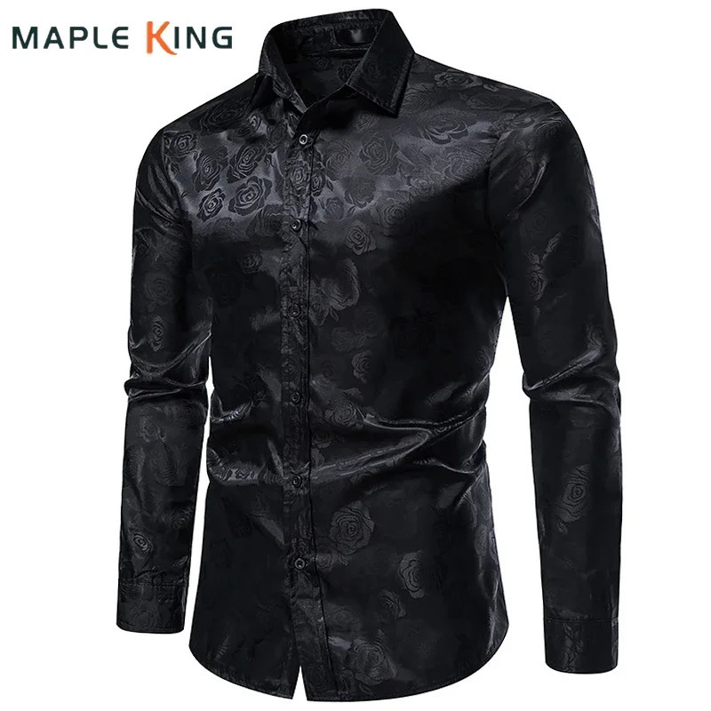 Black rose print mens shirt long sleeved floral paisley silk business party wedding shirt mens clothing chemical men 241028