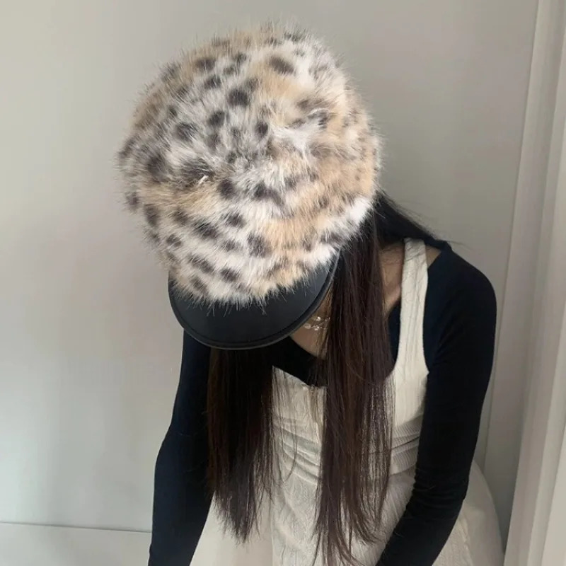 Fur Splicing Berets Women Korean Version Fashion British Leather Brim Painter sboy Hat Autumn Winter 241009