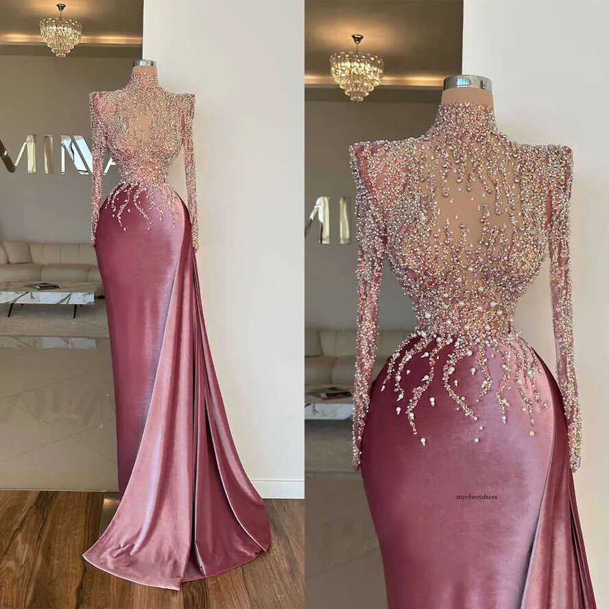 New Column Prom High Neck Capped Long Sleeve Or Length Lace Appliques Beaded Celebrity Evening Dresses Plus Size Custom Made L24658 0508