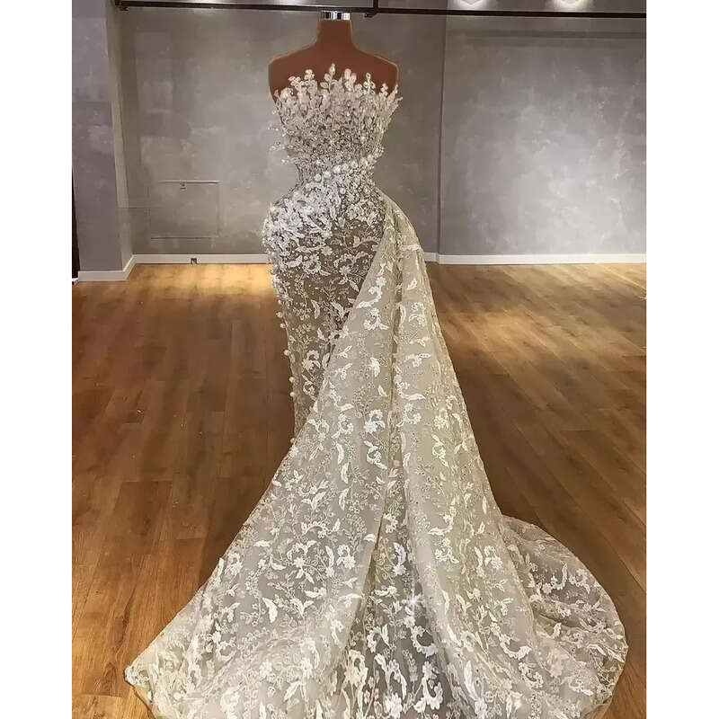 Urious Middle East Mermaid Wedding Gowns Sparkly Crystals Lace Strapless Dubai Arabic Bridal Dressses Pearls Beaded Brides Vestidos De Novia