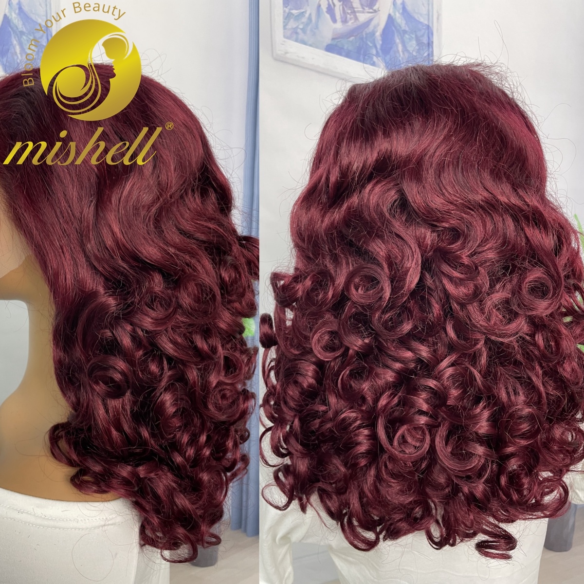 16inch 13x4 Full Lace Frontal Spring Bouncy Curly Human Hair Wigs 250% Density Bury 99J Short Loose Wave Bob Wig PrePlucked