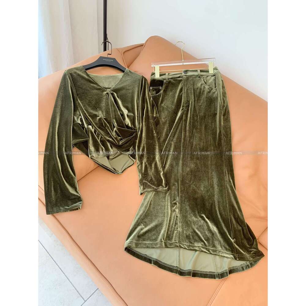 Women New V Neck Pure Color Veet Top+ High Waist Long Straight Skirt Set