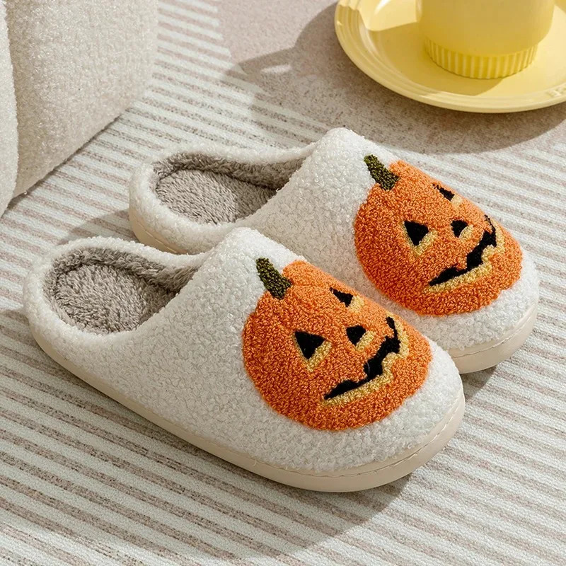 Pumpkin Halloween Womens Slippers Winter Indoor Cartoon Comfort Home Bedroom Soft Causal Flat Plush Shoes for Gift 241025