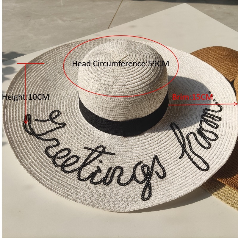 Hot selg elegant temperament letter printing beach sun shading women's large brimmed straw hat
