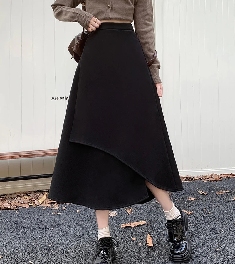 Wool Irregular Skiing Womens Autumn and Winter Style Korean Style Fashion Elegant High Waist Medium Length Casual Skiing 241028