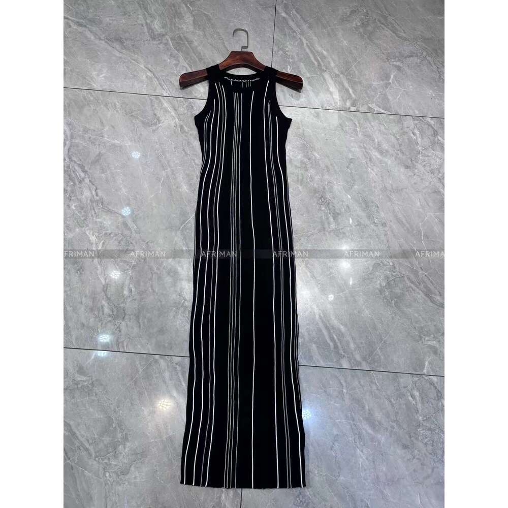 Women Braided Trim Cable Knit Round Neck Sleeveless Striped Slim Long Step Dress