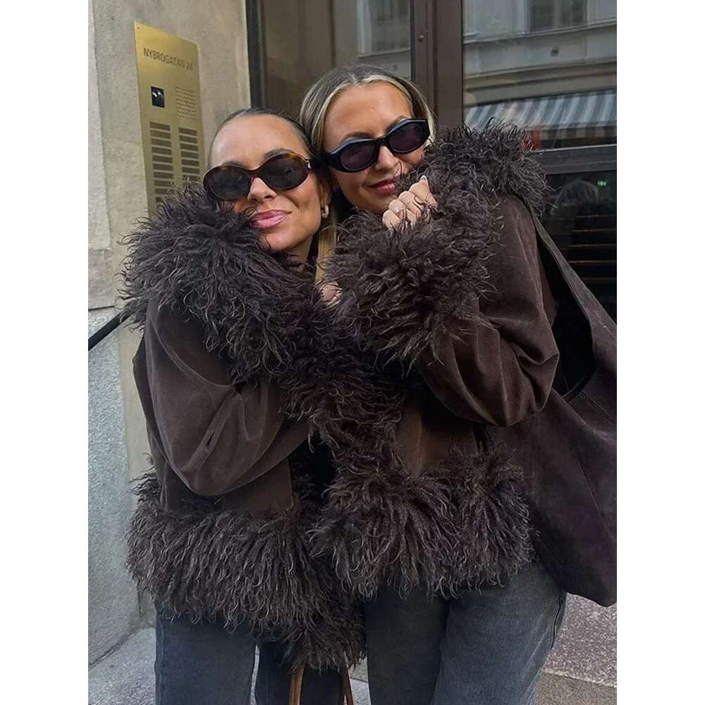 Women Coffee Suede Leather Fluffy Fur Spliced Coat Fashion Autumn Winter Lapel Warm Thick Jacket 2024 New Lady Street Outerwear