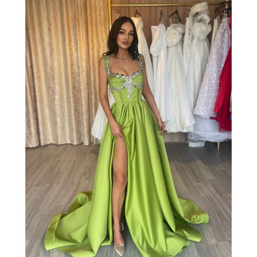 Grass Green A E Prom Dresses Beads Straps Collar Split Evening Pleats Formal Long Special Ocn Party Dress 0515