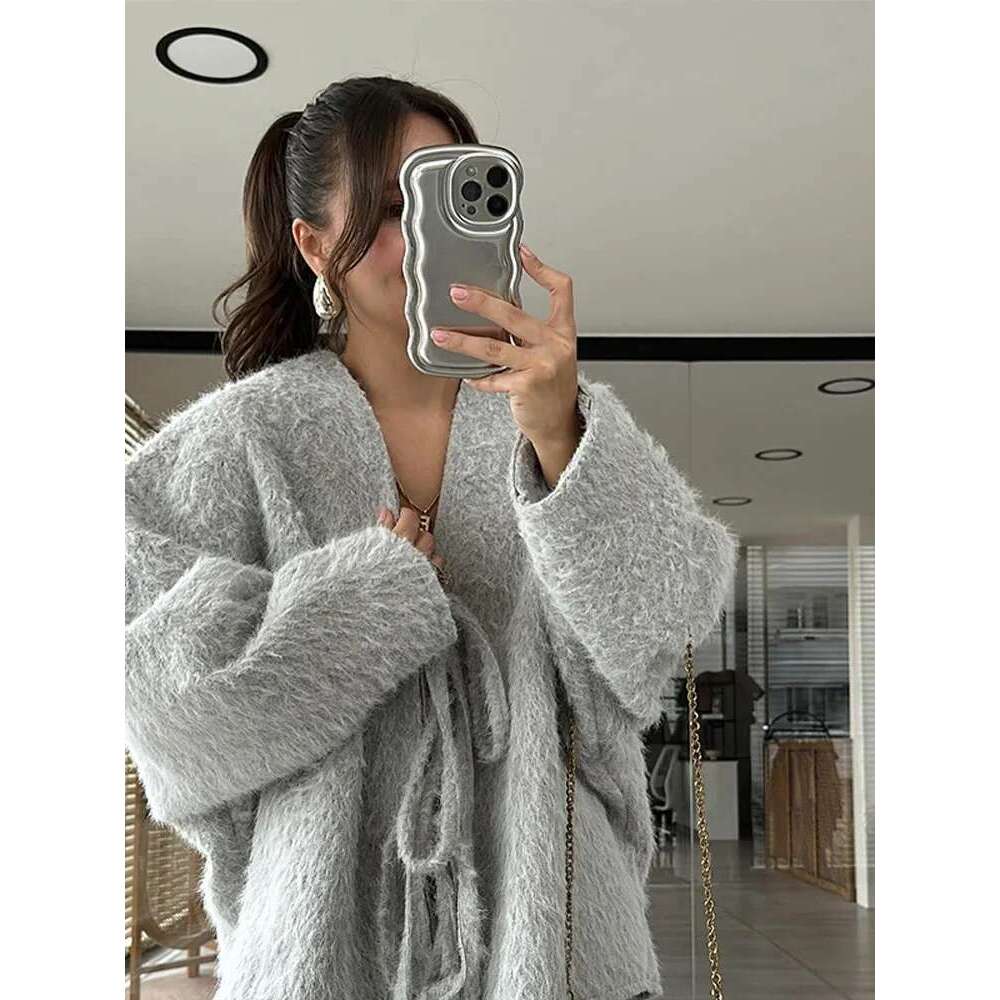 Elegant Solid Mohair Lace Up Women Knitted Cardigan Chic V Neck Long Sleeve Short Sweater Autumn Lady Commute Street Outerwear