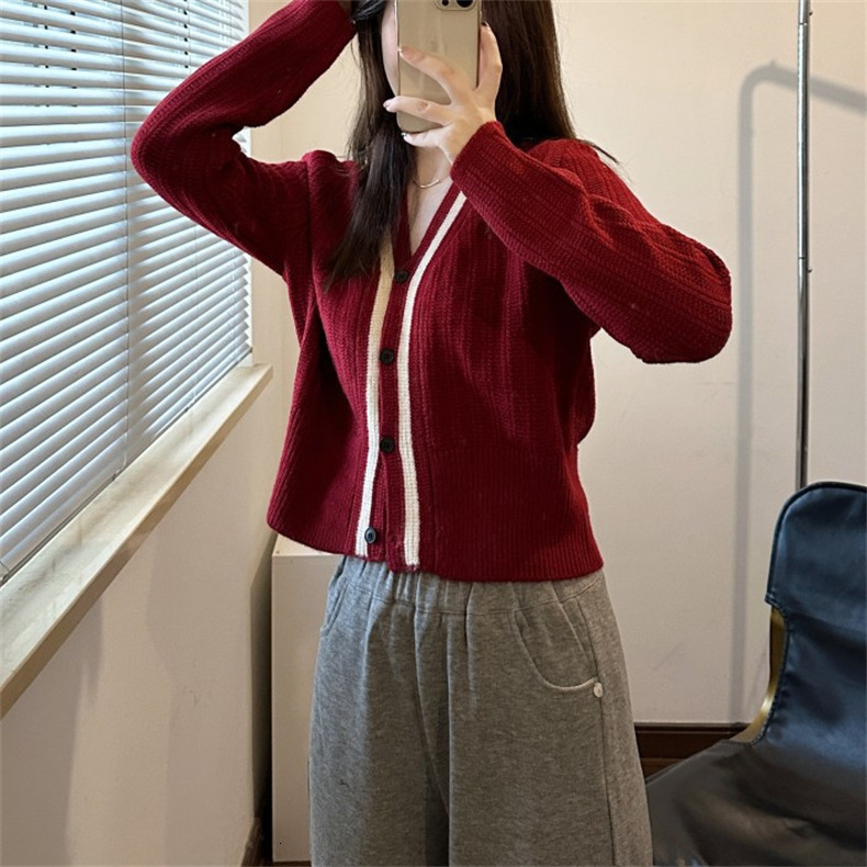 Autumn Contrasting Knitted Cardigan With V Neck Short Style Slim And Laid Back Long Sleeved Sweater Jacket F1028#38