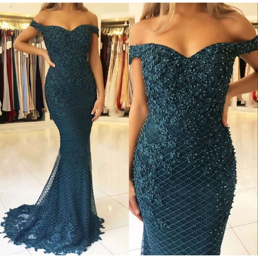 Urious Mermaid Off Shoulder Prom Evening Dresses Sexy Back With Button Lace Appliques Beaded Special Ocn Elegant Celebrity Dress