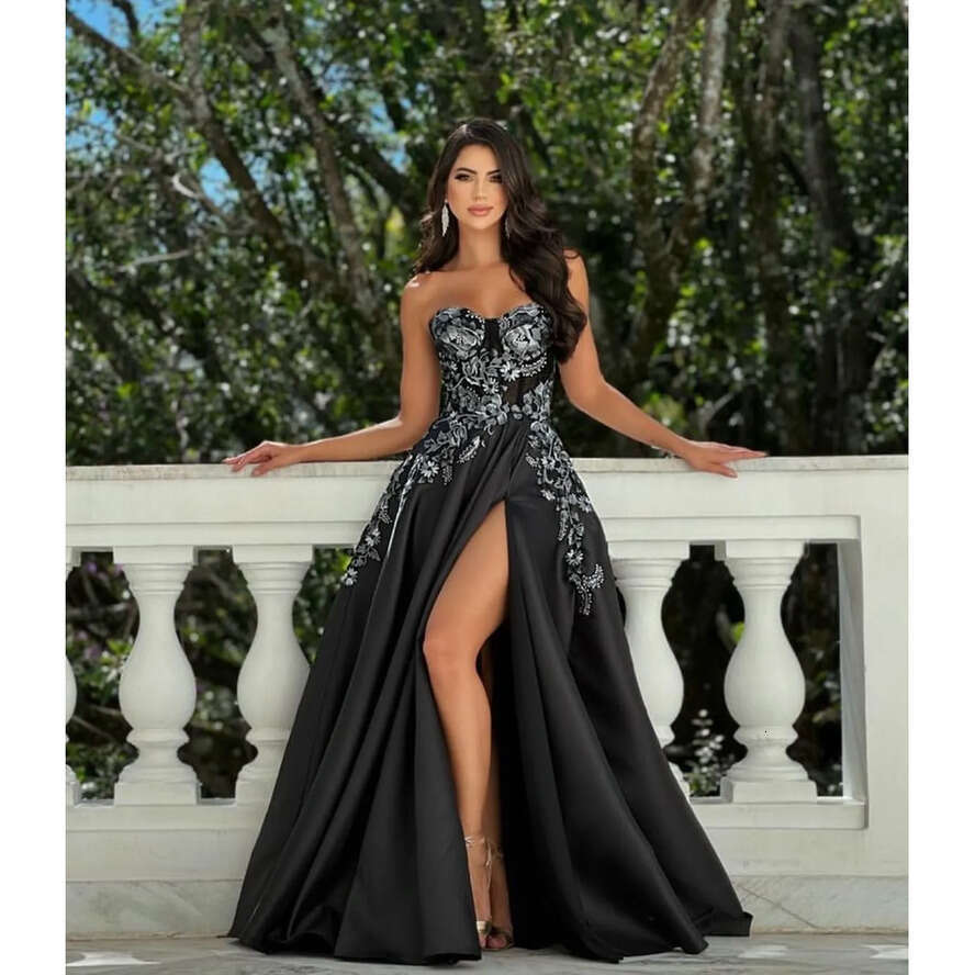 Gorgeous Black Prom Dress A E Sier Appliques Evening Elegant Ruffles Special Ocns Thigh Split Formal Dresses For Women 0515