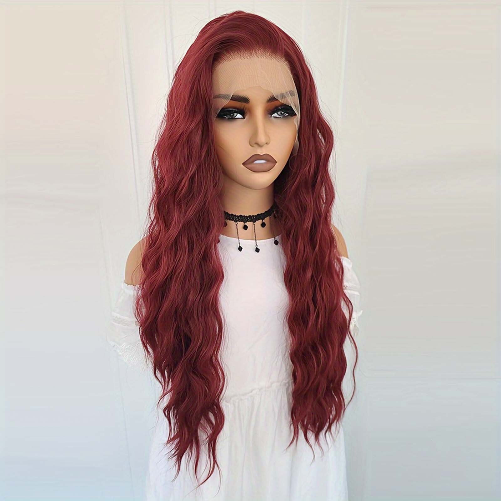 Bury Long Curly Synthetic Lace Front Wig Natural Wavy Deep Wave Dark Red Colored Hair 13X4 Frontal Wigs for Women Party
