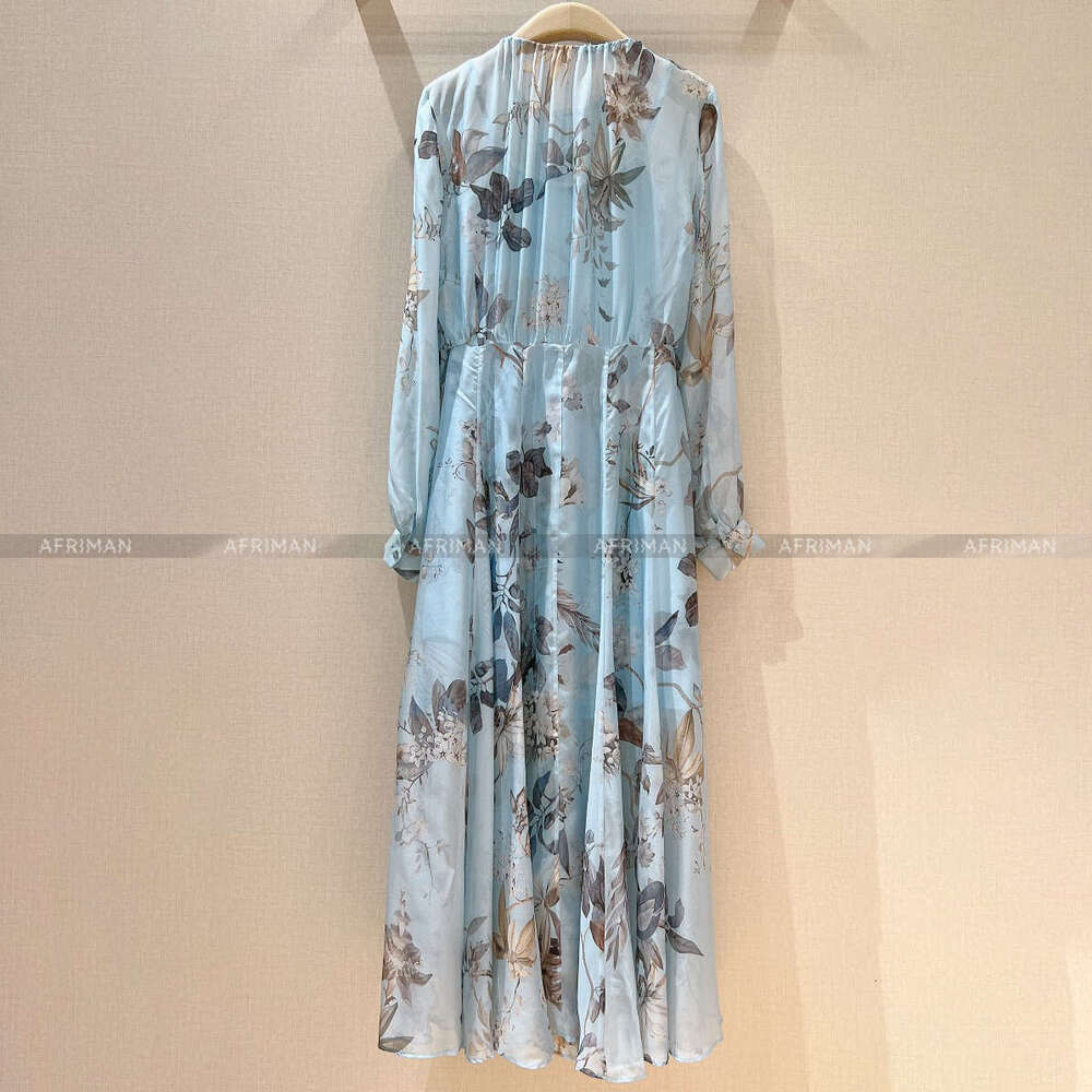 Women Silk Blue Corower Print Sleeve High Waist Slimming Long Dress