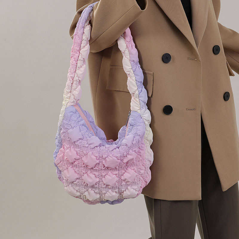 CMM Korean Version Autumn and Winter New Fashion Pleated Bubble Bag Hand Held One Shoulder Armpit Bag Dumpling Down Bag Tote Bag