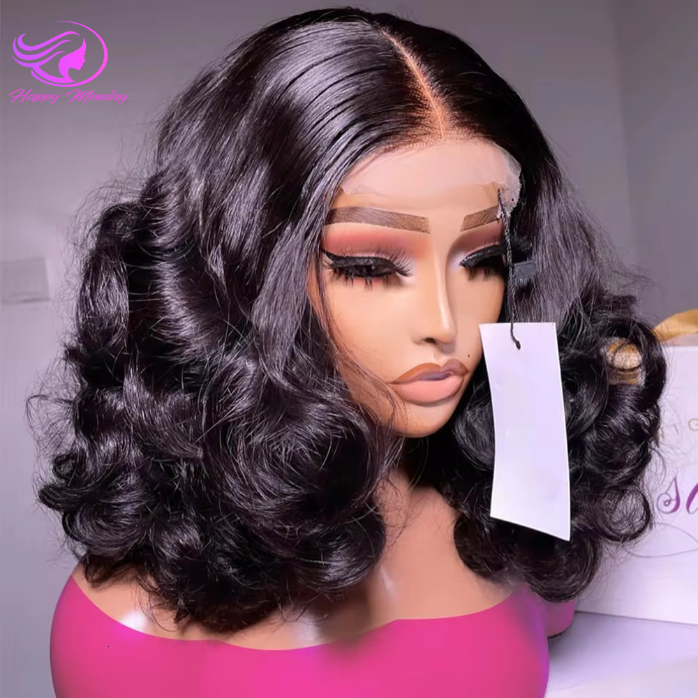13x4 Body Wave Bob Pre Plucked HD Front Human Wig Brazilian Hair Transparent Lace Frontal Wigs 1B Remy