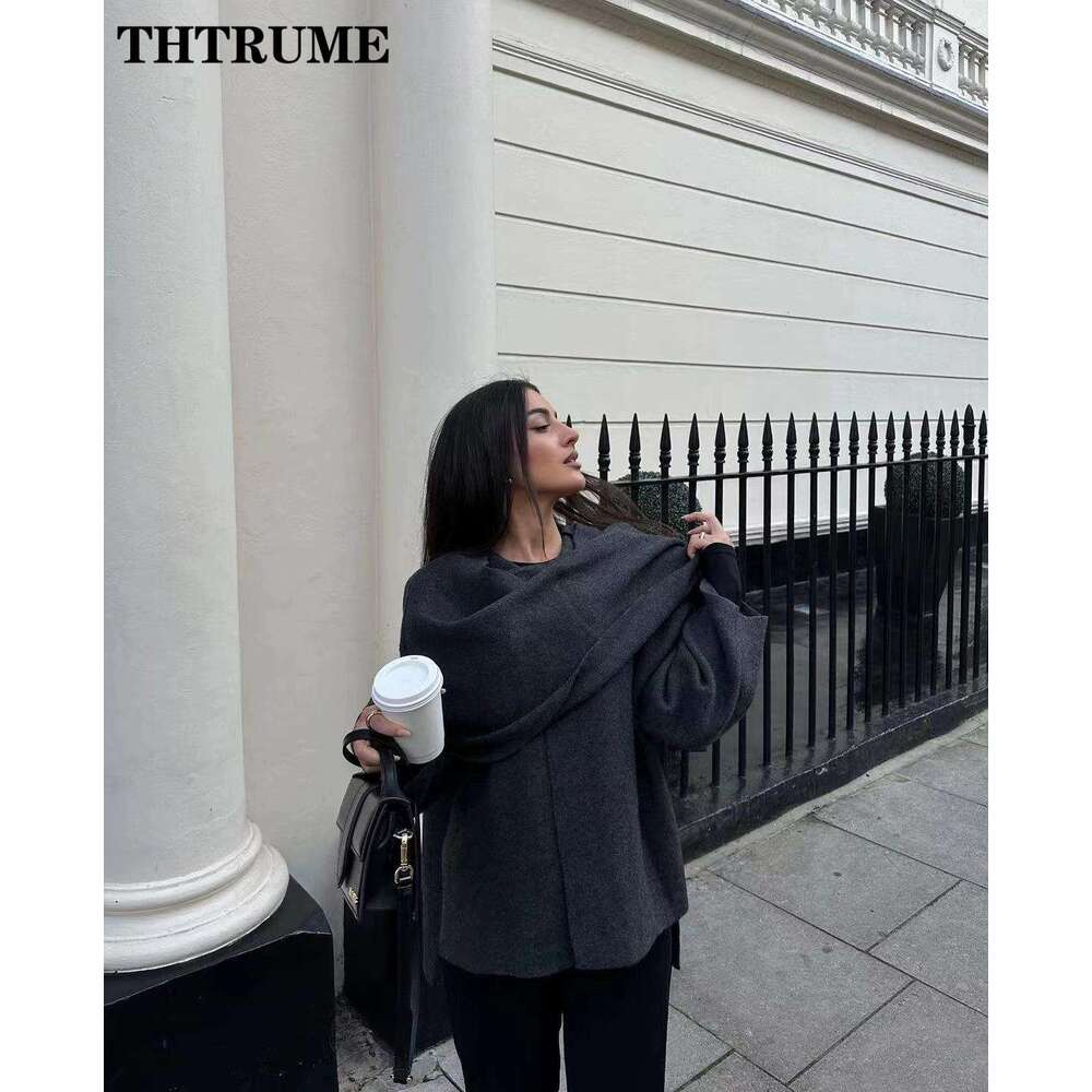 2024 New Scarf Collar Jackets For Women Elegant Solid Autumn Winter Long Sleeve Loose Coats Casual Streetwear Vintage Outwear