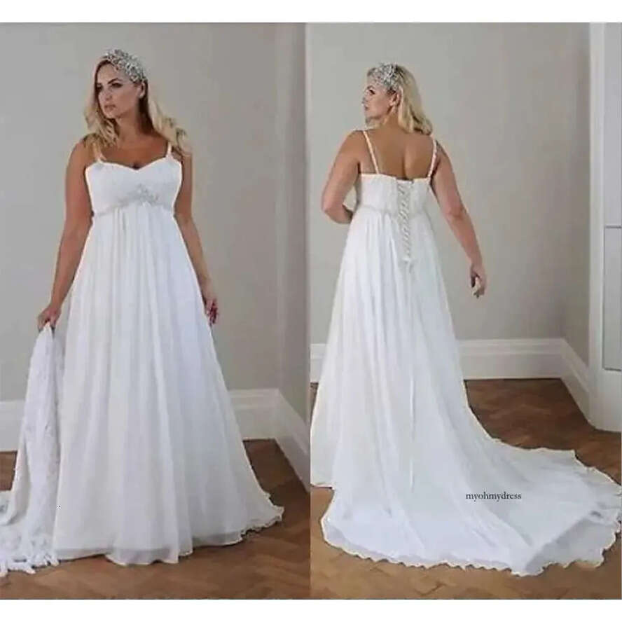 Modest Plus Size Dresses Beach Wedding Chiffon A E Or Length Spaghetti Straps Lace Up Back Simple Elegant Boho Bridal Gowns White Wed Dress For Bride 
