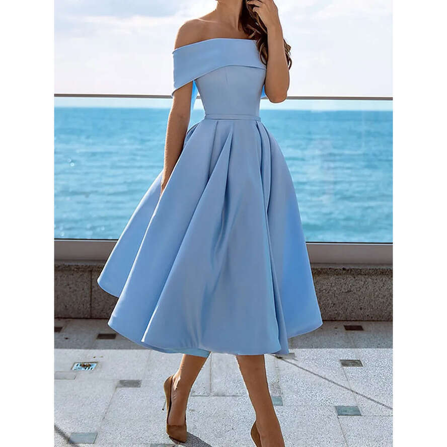 2024 A-E Prom Off-The-Shoulder Short Sleeve Lace-Up Tea-Length Pick-Ups New Arrivals Celebrity Evening Dresses Plus Size Custom Made B5003 0508