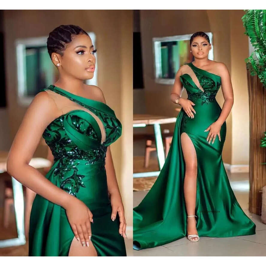 Hunter Green One Shoudler Necke Evening Dresses 2021 High Side Split Long Sweep Vestidos De Fiesta Arabic Aso Ebi Prom Dress 0509