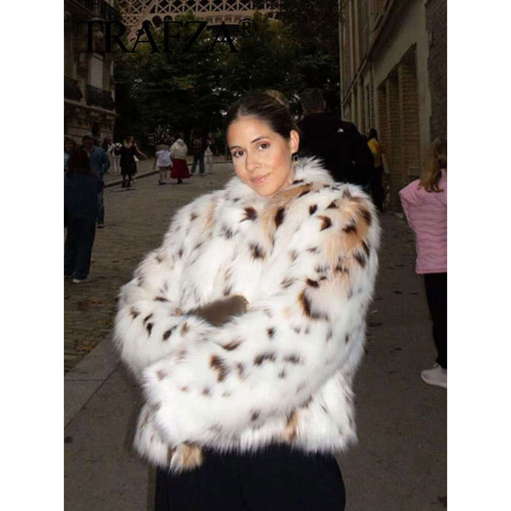 T Fashion Printed Women Fluffy Faux Fur Coats Elegant Stand Collar Long Sleeve Jackets Winter Lady High Street Warm Outwear