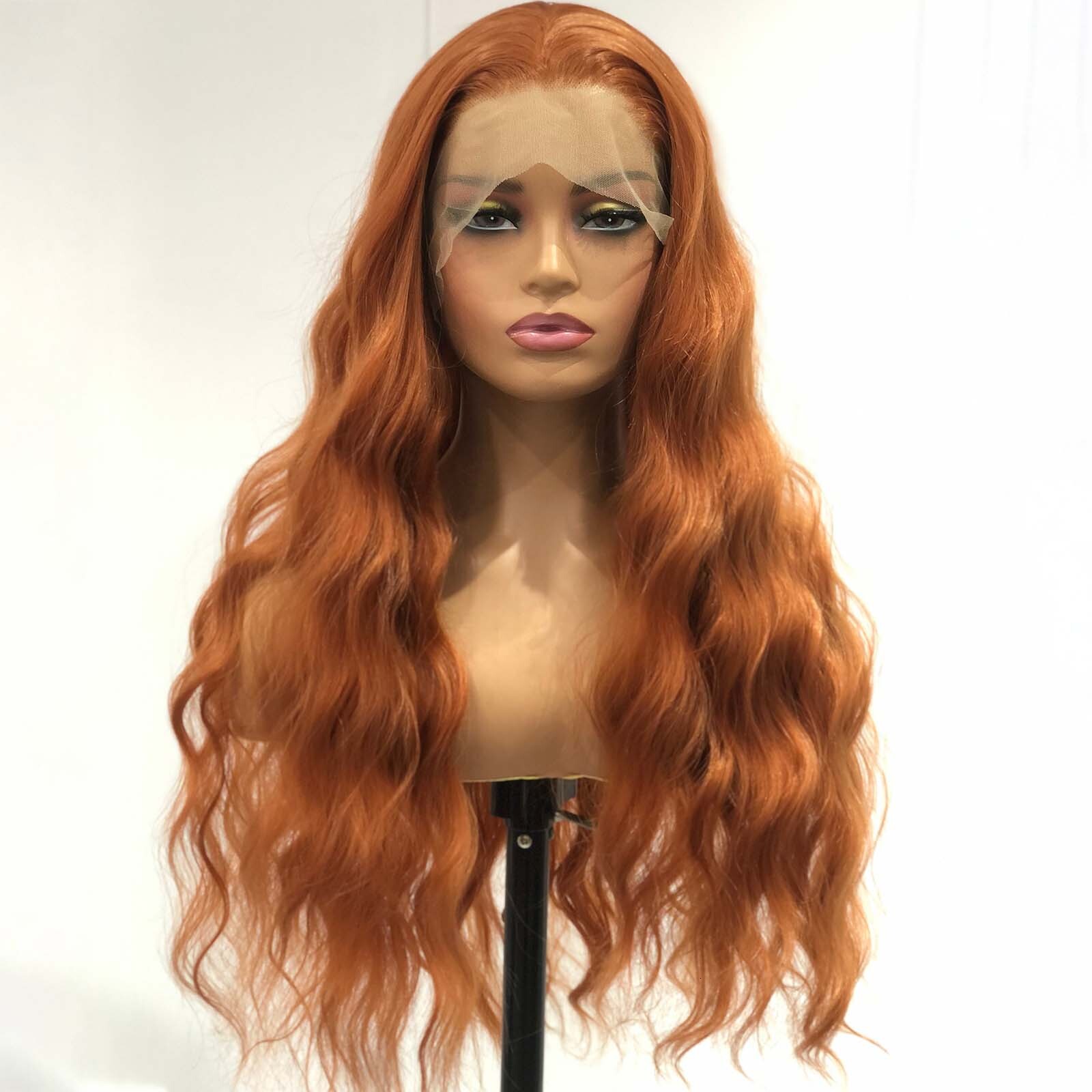 Long Curly Natural Wavy Synthetic Hair Ginger Orange Lace Front Wig Loose Deep Wave Brown Colored 13X4 Frontal Wigs for Women