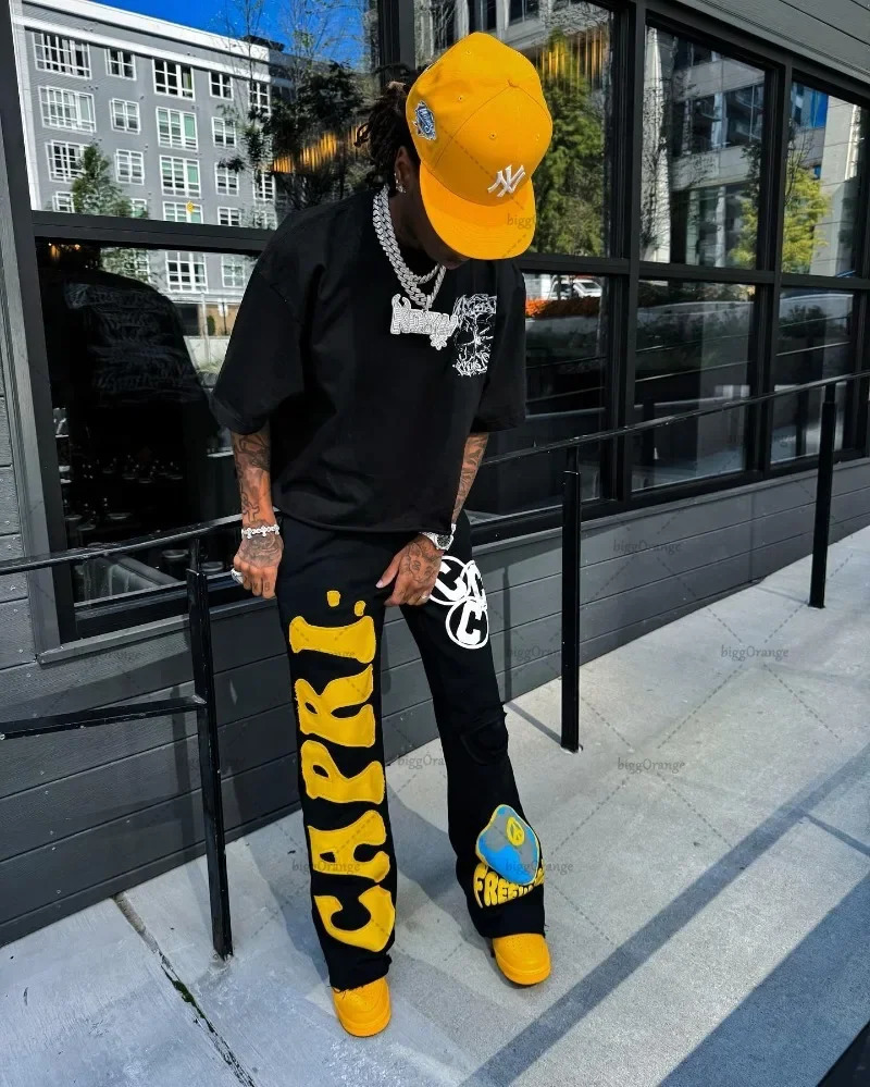 2023 Embroidered American Wide Leg Pants High Street Retro Trouser Y2K HipHop Straight Knitted Men 241024