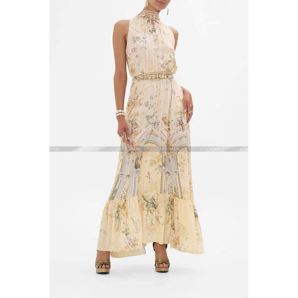 Women Ribbon Bow Collar Heavy Beaded Retro Wer Print Sleeveless Waistband Long Silk Dress